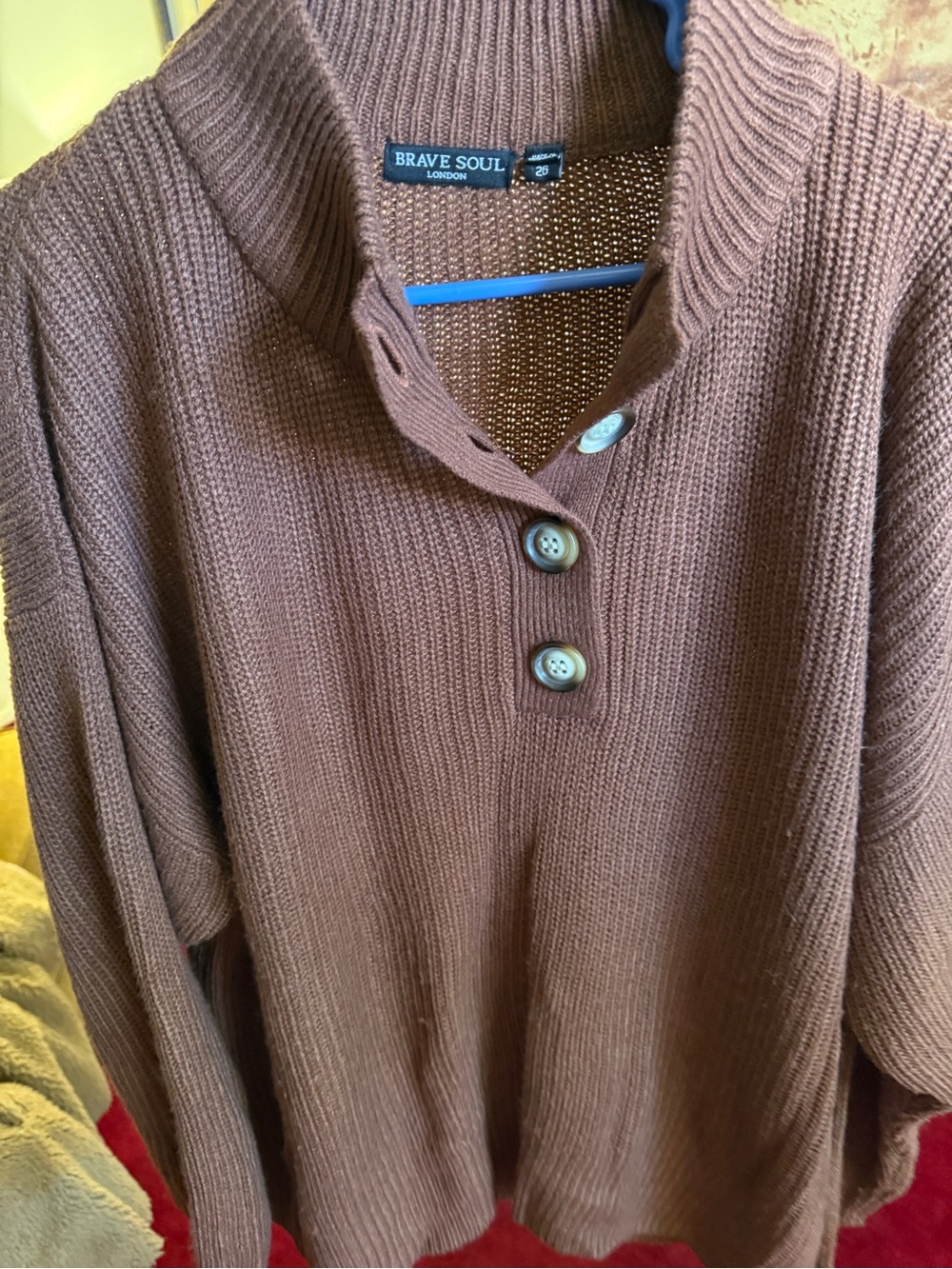 Brave Soul Women's Chocolate Brown Ribbed Button Cowl Sweater